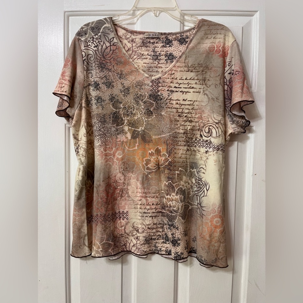 Vintage Map Print Top with Beaded flower